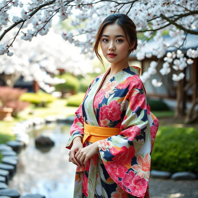 A beautiful model wearing a traditional Japanese yukata, showcasing intricate floral patterns in vibrant colors