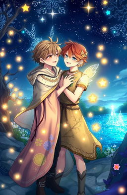 A magical fantasy setting featuring two young male characters sharing a tender moment under a starlit sky