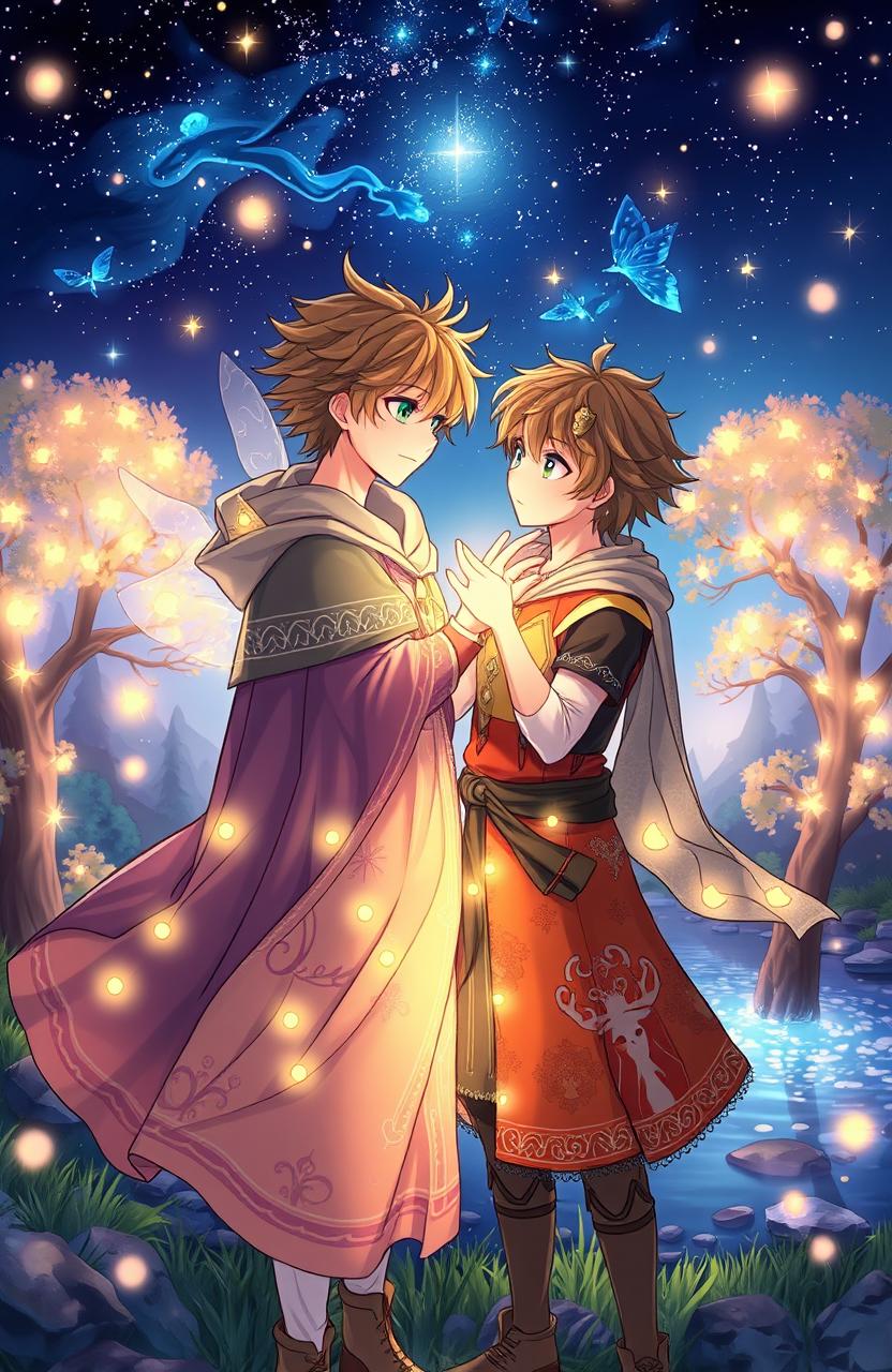 A magical fantasy setting featuring two young male characters sharing a tender moment under a starlit sky