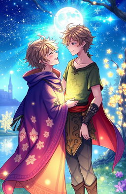 A magical fantasy setting featuring two young male characters sharing a tender moment under a starlit sky