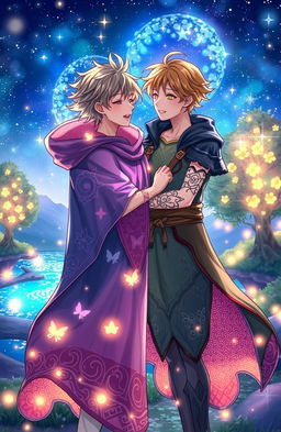 A magical fantasy setting featuring two young male characters sharing a tender moment under a starlit sky