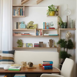 An apartment living room with a cool color palette. Features include a nature-inspired design, shelves full of books, and signs that a young, energetic, book-loving individual lives here.