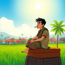 A beautifully designed, vibrant illustration of a traditional Bangladeshi village scene featuring a person sitting on a raised platform, chewing on a piece of 'bidi' (a hand-rolled cigarette)