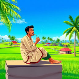 A beautifully designed, vibrant illustration of a traditional Bangladeshi village scene featuring a person sitting on a raised platform, chewing on a piece of 'bidi' (a hand-rolled cigarette)
