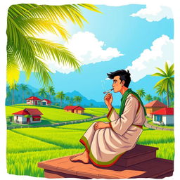 A beautifully designed, vibrant illustration of a traditional Bangladeshi village scene featuring a person sitting on a raised platform, chewing on a piece of 'bidi' (a hand-rolled cigarette)