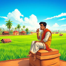 A beautifully designed, vibrant illustration of a traditional Bangladeshi village scene featuring a person sitting on a raised platform, chewing on a piece of 'bidi' (a hand-rolled cigarette)