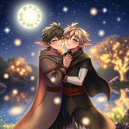 A magical fantasy setting featuring two animated male characters, designed without any resemblance to real people, sharing a tender moment under a starlit sky