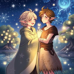 A magical fantasy setting featuring two animated male characters, designed without any resemblance to real people, sharing a tender moment under a starlit sky