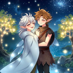 A magical fantasy setting featuring two animated male characters, designed without any resemblance to real people, sharing a tender moment under a starlit sky