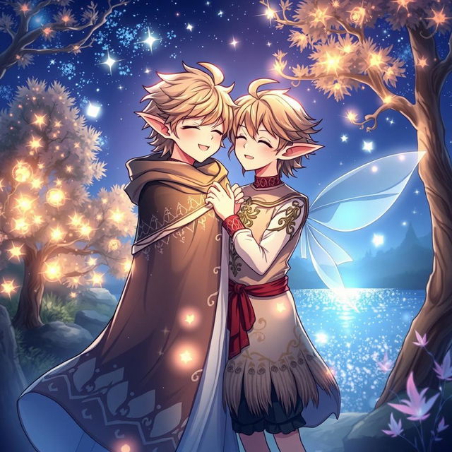 A magical fantasy setting featuring two animated male characters, designed without any resemblance to real people, sharing a tender moment under a starlit sky