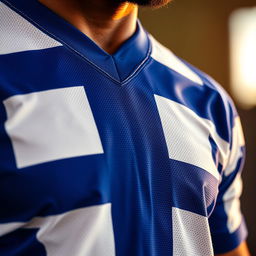 A close-up of a vibrant, classic football jersey with bold stripes
