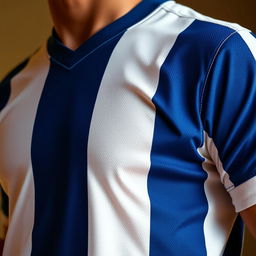 A close-up of a vibrant, classic football jersey with bold stripes