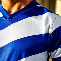 A close-up of a vibrant, classic football jersey with bold stripes