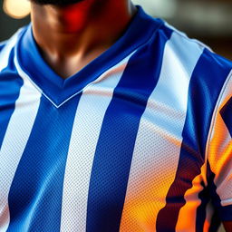 A close-up of a vibrant, classic football jersey with bold stripes