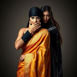 A striking and sensual image of two women in beautiful sarees