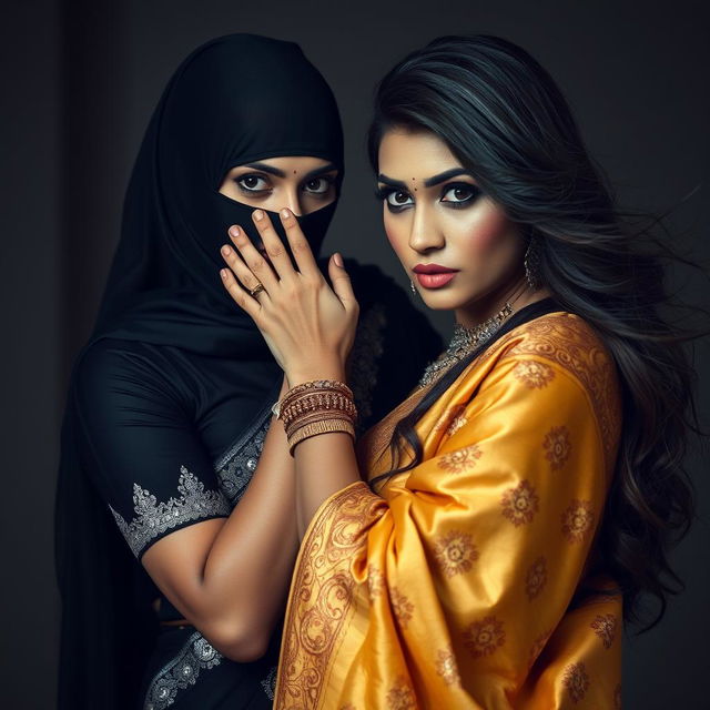 A striking and sensual image of two women in beautiful sarees