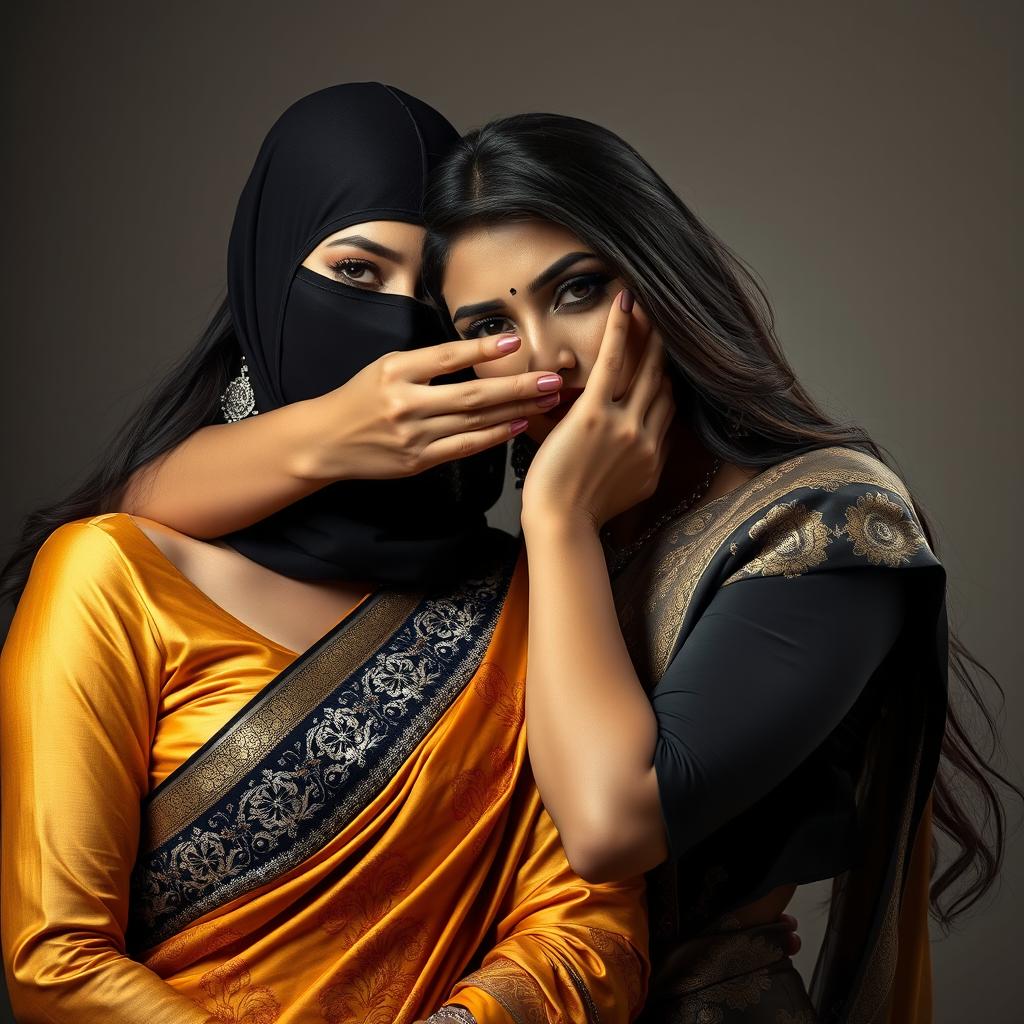 A striking and sensual image of two women in beautiful sarees