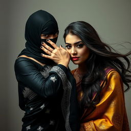 A striking and sensual image of two women in beautiful sarees