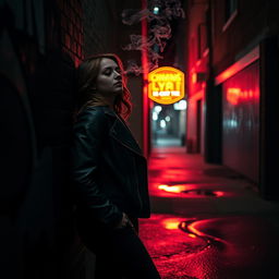 A moody, atmospheric scene showing a solitary figure in a dimly lit urban alley
