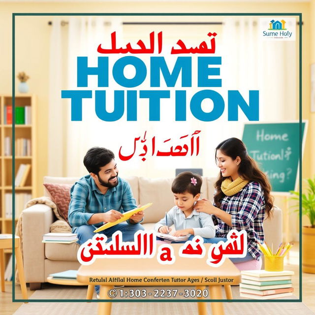 A visually appealing poster advertising home tuition services, featuring bold and attractive Urdu text that reads 'ہوم ٹیوٹوریل سروسز'