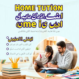 A visually appealing poster advertising home tuition services, featuring bold and attractive Urdu text that reads 'ہوم ٹیوٹوریل سروسز'