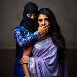 An alluring and dramatic scene featuring two beautiful women