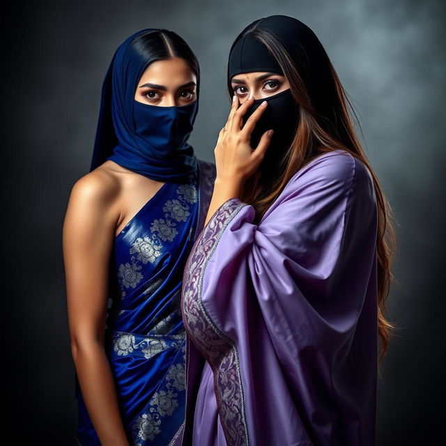 An alluring and dramatic scene featuring two beautiful women