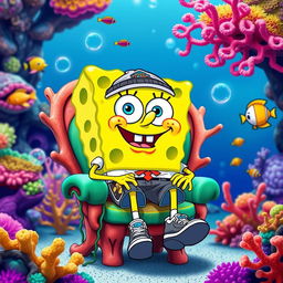 SpongeBob SquarePants sitting on a chair, wearing sporty casual clothing, in a vibrant underwater setting