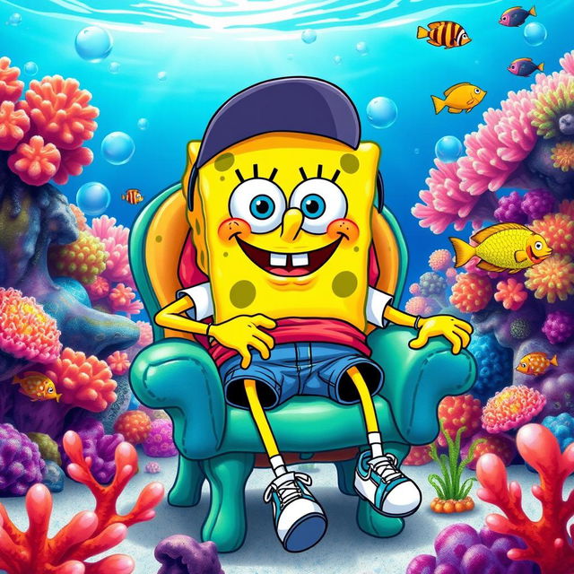 SpongeBob SquarePants sitting on a chair, wearing sporty casual clothing, in a vibrant underwater setting