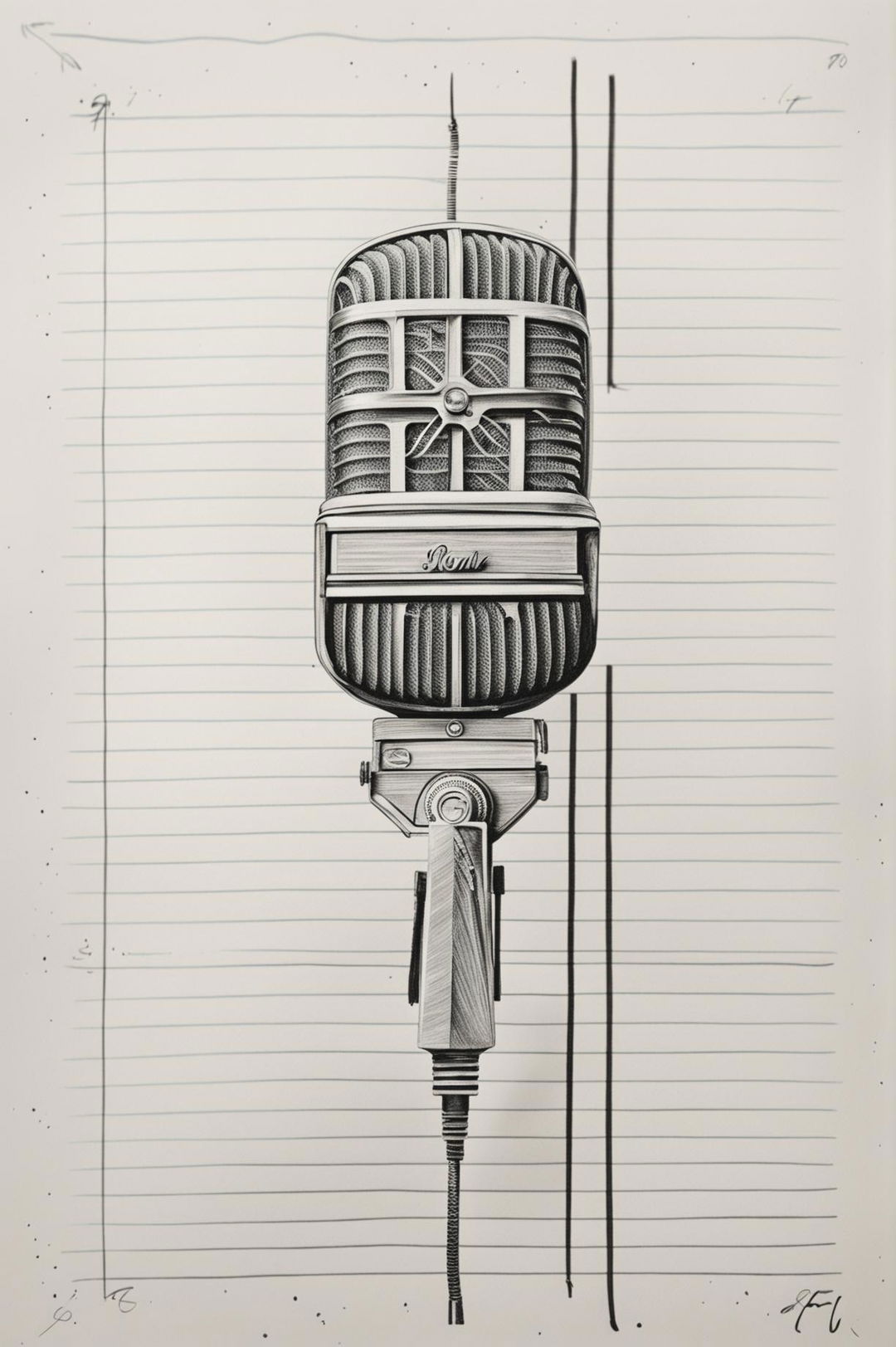 A high-quality, hand-drawn image of a vintage microphone on lined paper