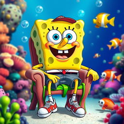 SpongeBob SquarePants sitting on a chair, wearing sporty casual clothing, in a vibrant underwater setting