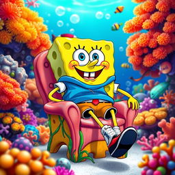SpongeBob SquarePants sitting on a chair, wearing sporty casual clothing, in a vibrant underwater setting
