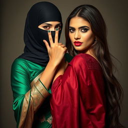 An enticing and dynamic scene featuring two attractive women