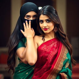 An enticing and dynamic scene featuring two attractive women