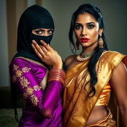 A captivating and intense scene featuring two sexy Indian women