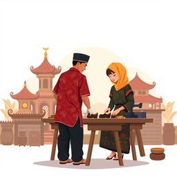 Sebuah ilustrasi menawan untuk desain kartu ucapan dengan tema pembuat pola sepatu yang sedang bekerja, dikelilingi oleh latar belakang budaya Jawa
