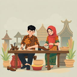 Sebuah ilustrasi menawan untuk desain kartu ucapan dengan tema pembuat pola sepatu yang sedang bekerja, dikelilingi oleh latar belakang budaya Jawa