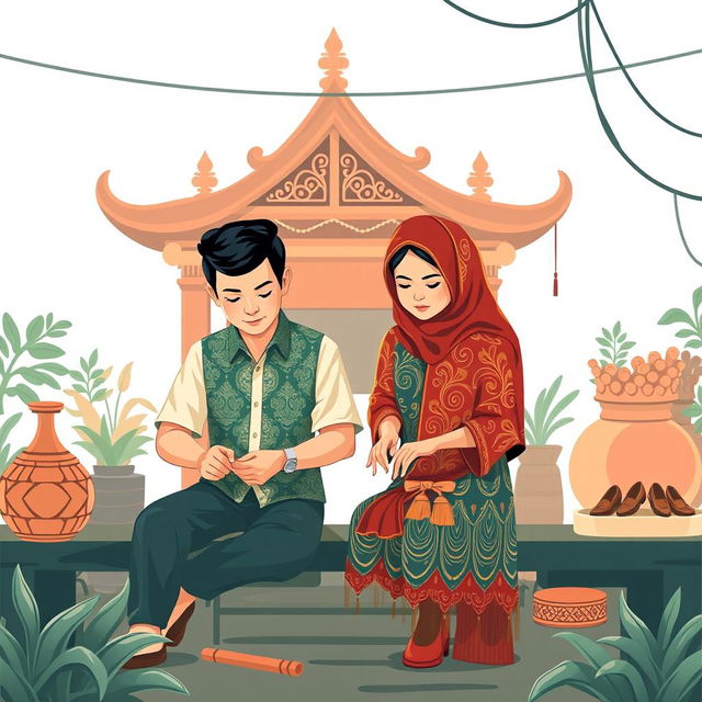 Sebuah ilustrasi menawan untuk desain kartu ucapan dengan tema pembuat pola sepatu yang sedang bekerja, dikelilingi oleh latar belakang budaya Jawa