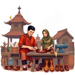 Sebuah ilustrasi menawan untuk desain kartu ucapan dengan tema pembuat pola sepatu yang sedang bekerja, dikelilingi oleh latar belakang budaya Jawa