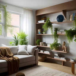 An apartment living room with a cool color palette. The room reflects the energetic vibe of a young nature-lover who enjoys reading books. Include elements such as plants, bookshelves, and cozy reading nooks.