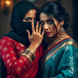 A striking scene featuring two sexy Indian women, creating an intense and alluring atmosphere