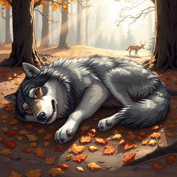 A beautifully detailed illustration of a deceased wolf lying in a natural forest setting