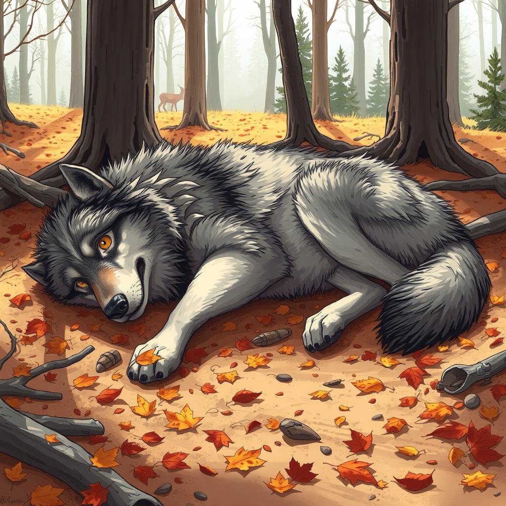 A beautifully detailed illustration of a deceased wolf lying in a natural forest setting