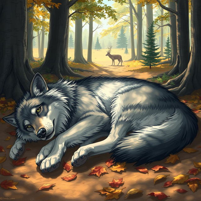 A beautifully detailed illustration of a deceased wolf lying in a natural forest setting