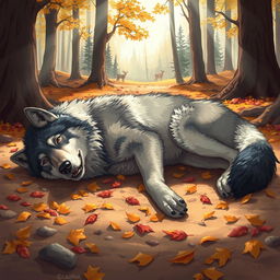 A beautifully detailed illustration of a deceased wolf lying in a natural forest setting