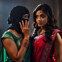 An intriguing and intense scene featuring two sexy Indian women engaged in a dramatic interaction