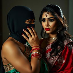 An intriguing and intense scene featuring two sexy Indian women engaged in a dramatic interaction