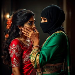 An intriguing and intense scene featuring two sexy Indian women engaged in a dramatic interaction