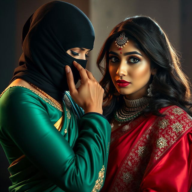 An intriguing and intense scene featuring two sexy Indian women engaged in a dramatic interaction