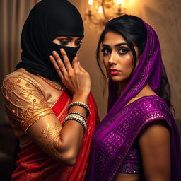 An alluring and dramatic scene featuring two sexy Indian women